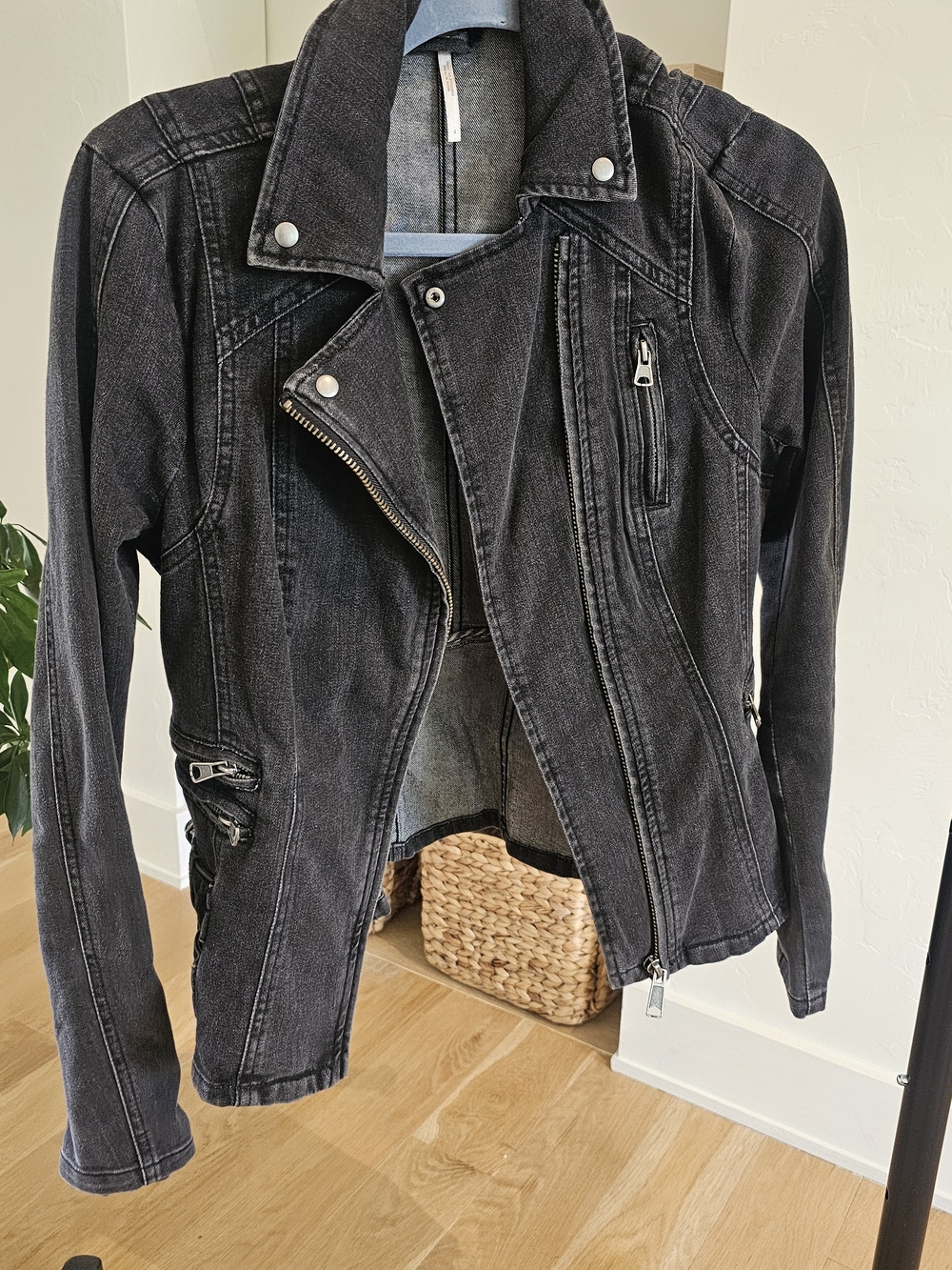 Free People Washed Black Denim Moto Jacket